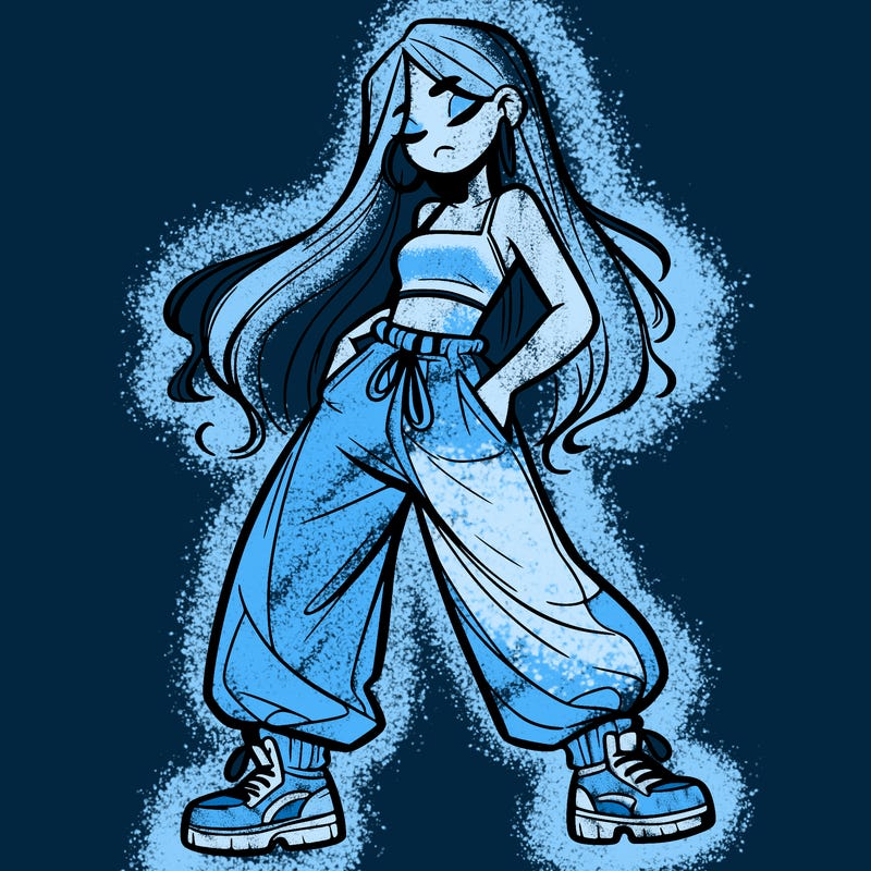 girl in baggy pants crop top and long hair
