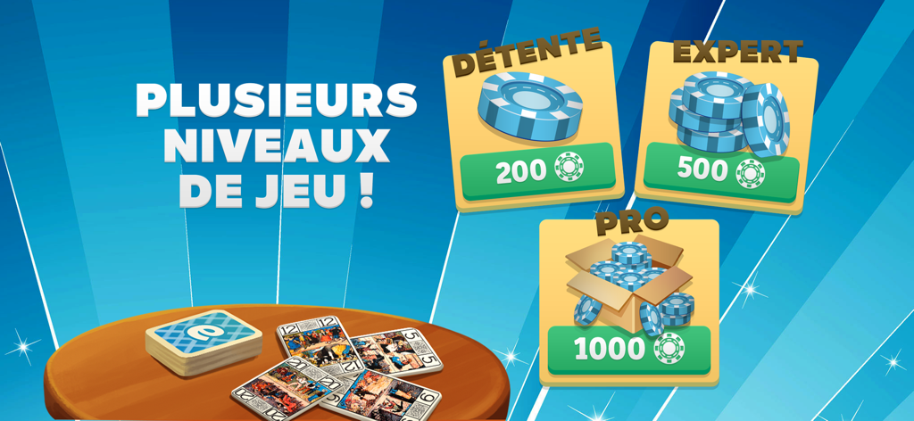 Graphique montrant trois niveaux de jeu pour Exoty Tarot intitulés Détente, Expert et Pro avec des jetons de poker