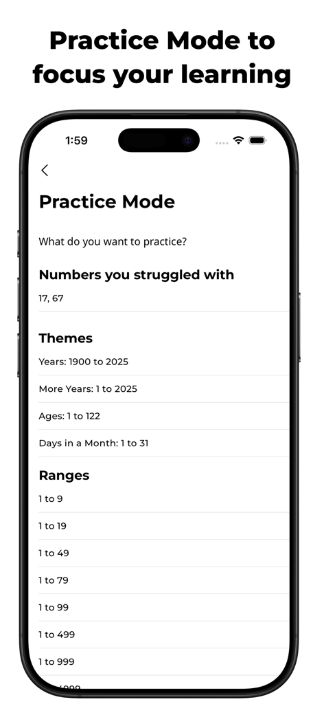 Languish: French Numbers - Pantalla del Modo de Práctica en Languish que muestra varias categorías y rangos de números para estudiar números franceses.