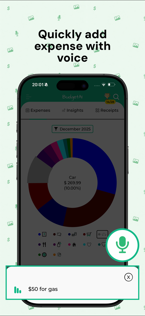 Bill Organizer - BudgetAI - BudgetAI app interface showing a user adding a gas expense using the voice input feature.