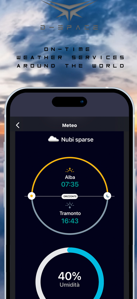 D-Space drone app weather screen with sunrise and sunset information