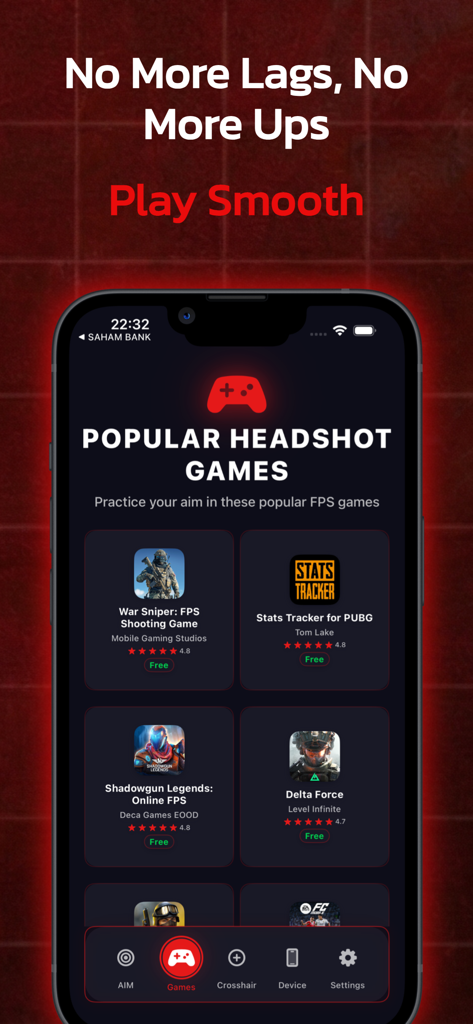 Game Booster - Headshot Tool - Interfaz que muestra una lista de juegos FPS populares recomendados para practicar la puntería en la aplicación Game Booster