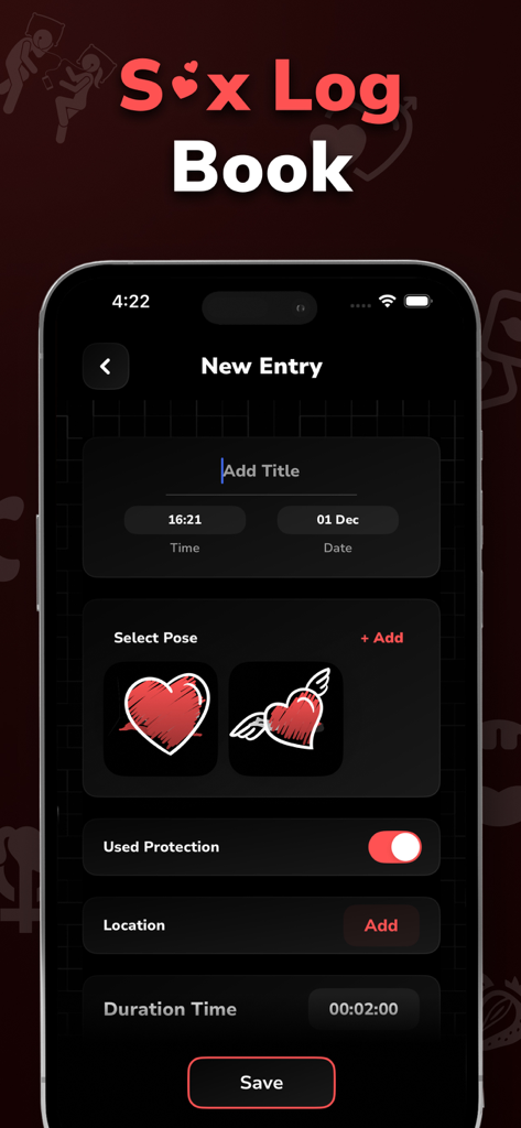 A smartphone screen showing the New Entry page of the ScratchX Sex Log Book for couples to track their intimacy