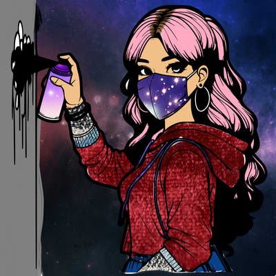 realistic girl with mask spray painting a wall