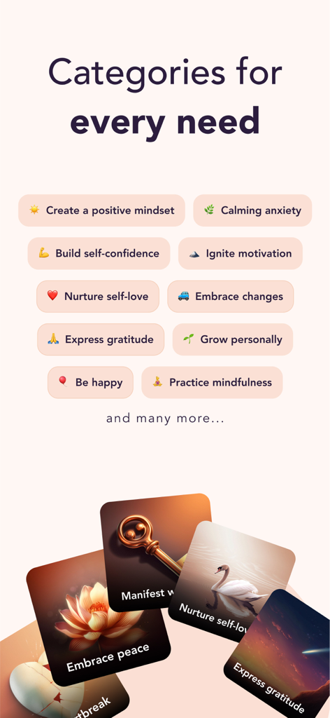 Mantra - Daily Affirmations - A screen from the Mantra app showcasing affirmation categories like self-love and anxiety relief with aesthetic visual theme cards.