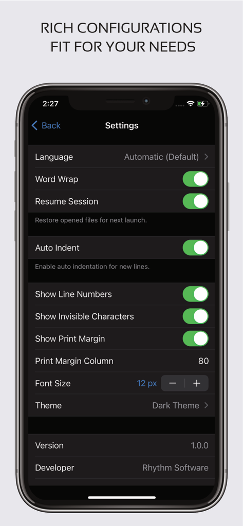 Code Editor - Compiler & IDE - Settings screen of Code Editor app with customization options including word wrap and dark theme.