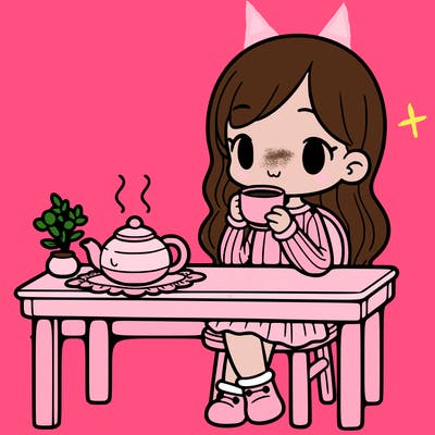 a girl drinking tea at a table with a teapot on the table