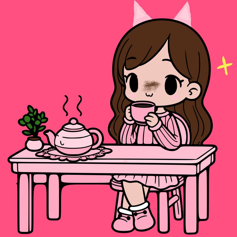 a girl drinking tea at a table with a teapot on the table