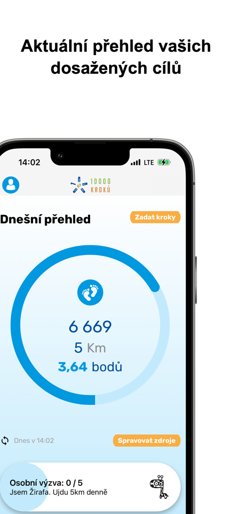 10000 kroků - A mobile screen showing the 10000 kroků app dashboard with step count, distance in kilometers, and earned points