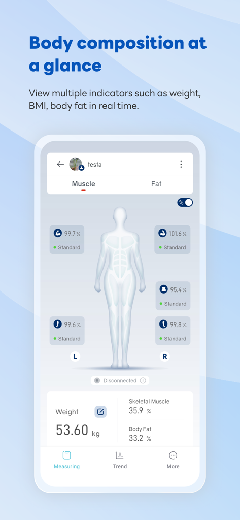 RelaxFit app showing body composition metrics like weight skeletal muscle and body fat percentage