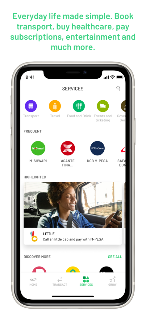 Menú de servicios de la app móvil M-PESA mostrando opciones de transporte, viajes, comida y bebida, y servicios financieros frecuentes.