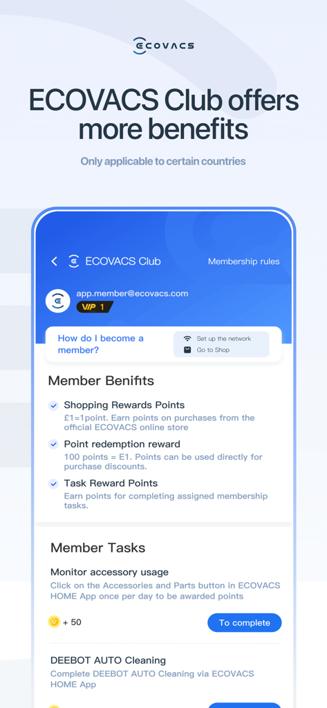 Écran d'adhésion au Club ECOVACS dans l'application ECOVACS HOME affichant les points de récompense et les tâches de nettoyage