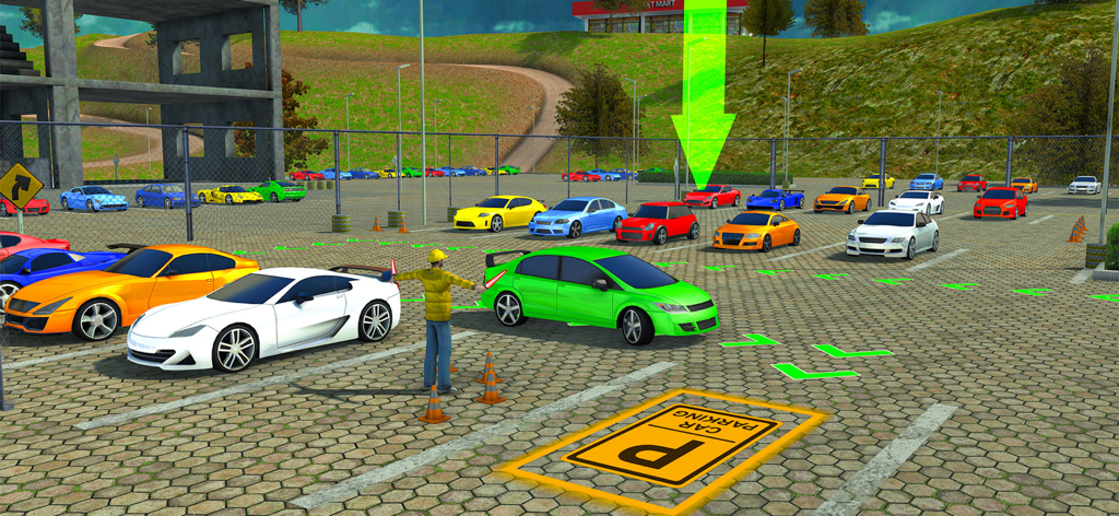 Car Parking: 3D Driving Games - Una simulación 3D de aparcamiento de coches con varios coches deportivos y un guía de tráfico en un aparcamiento.