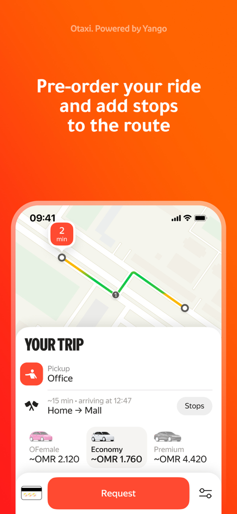 Oman Taxi: Otaxi - Oman Taxi app interface showing a ride request screen with multiple stops, estimated arrival time, and price options for OFemale, Economy, and Premium classes.