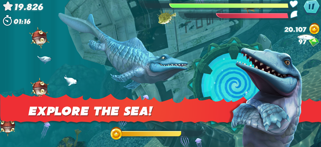 Un grande squalo preistorico blu che nuota in un profondo ambiente sottomarino vicino a un portale vorticoso blu con il testo Esplora il Mare.