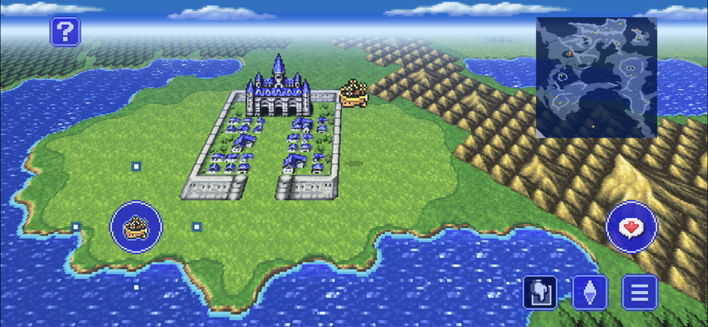 Captura de pantalla del juego de Final Fantasy II Pixel Remaster mostrando el mapa del mundo con un castillo y navegación de personajes