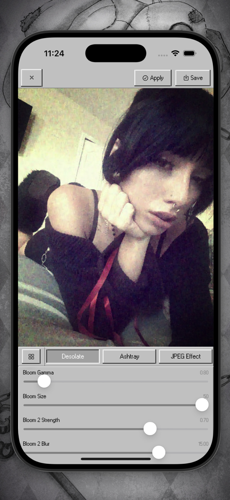 A mobile interface for the Bleach Bypass app showing cinematic photo filters and professional editing sliders