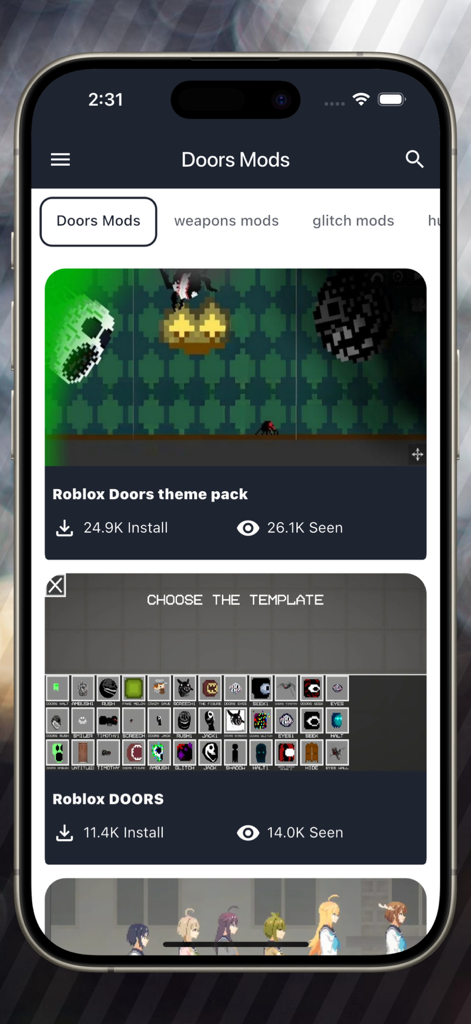 Rainbow Mods for Playground - App screen showing various Roblox Doors character mods and theme packs for Melon Playground.
