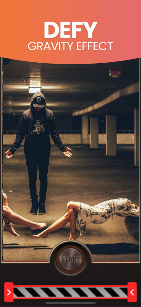 Reverse Video FX: Rewind Movie - Interface do aplicativo Reverse Video FX mostrando um efeito de truque de mágica de desafiar a gravidade com pessoas levitando em uma garagem subterrânea