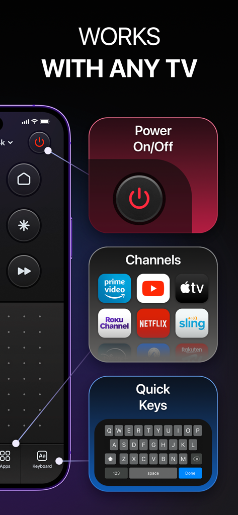 Universal Remote・TV Control - Interfaccia dell'app Universal Remote che mostra il controllo dell'accensione, scorciatoie per canali di streaming e una tastiera digitale