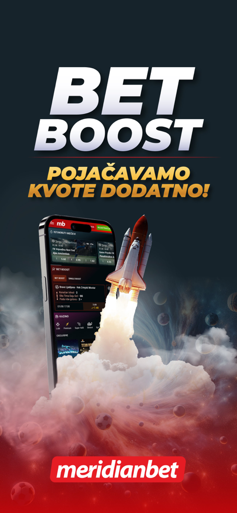Meridianbet.RS - Meridianbet.RS mobile app promoting bet boost with a rocket launch illustration