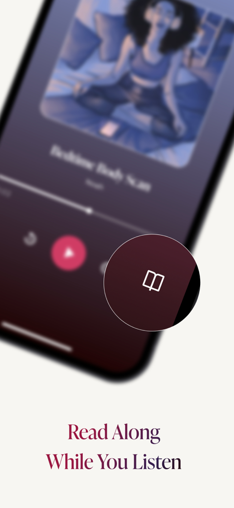 Mobile app screen for Bloom Stories showing the read along while you listen feature with an integrated audio player and book icon