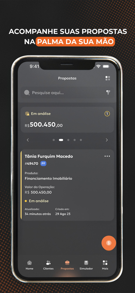 Teddy 360° - Interface do aplicativo móvel Teddy 360 mostrando detalhes e status de acompanhamento da proposta de financiamento imobiliário