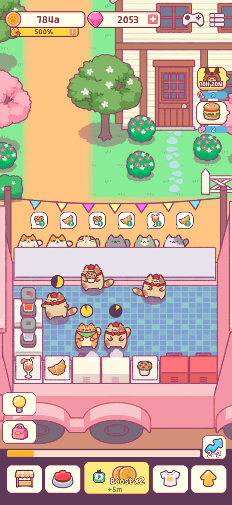 Cat Snack Bar: Food Games - A cute gameplay scene from Cat Snack Bar where cat chefs serve food from a pink food truck