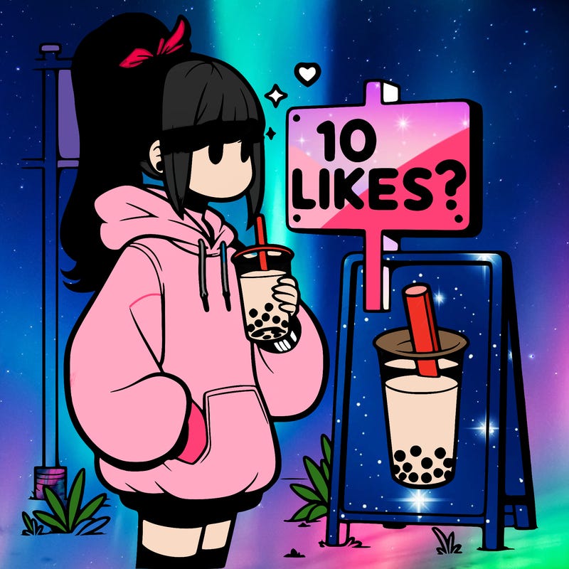 girl with oversized hoodie drinking boba and she has a high ponytail with a sign that says 10likes?