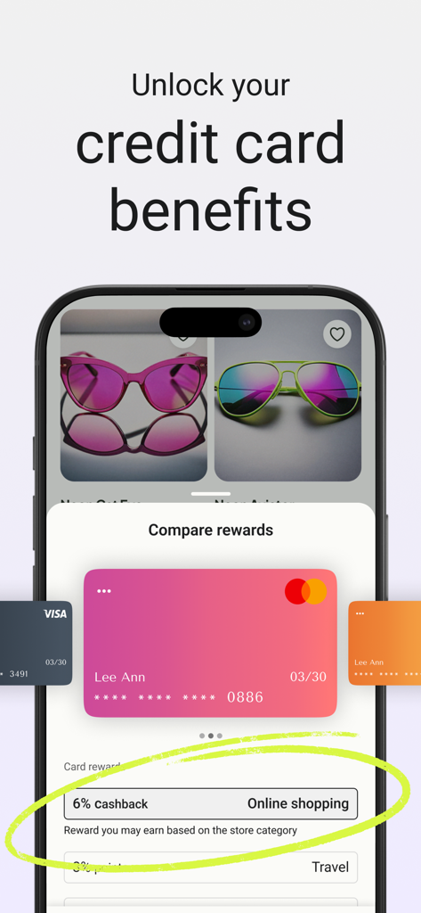 Karma app interface showing a smart card picker comparing credit card rewards for a purchase with 6 percent cashback highlighted