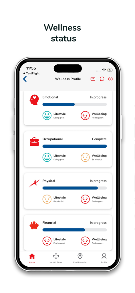 Universal.one - Universal.one mobile app screen showing the Wellness Profile with tracking for Emotional, Occupational, Physical, and Financial health status