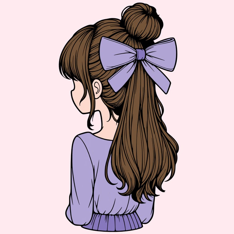 realistic girl  with hip length hair a bun and a big bow on the back of head