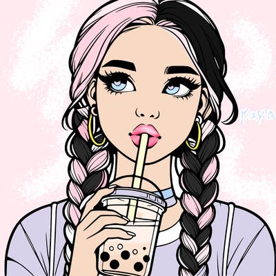 realistic girl with braided hair drinking boba