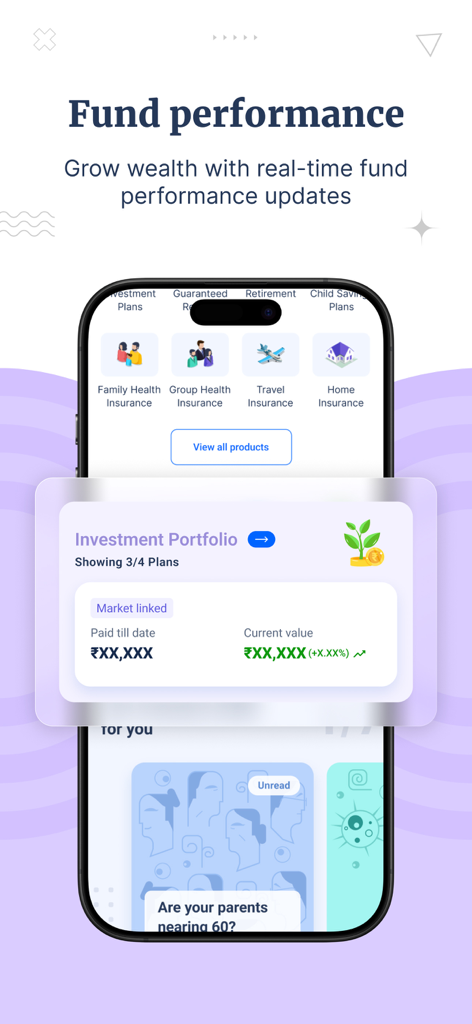 Policybazaar-Compare.Buy.Save. - Capture d'écran de l'application Policybazaar affichant les mises à jour du portefeuille d'investissement et des performances des fonds