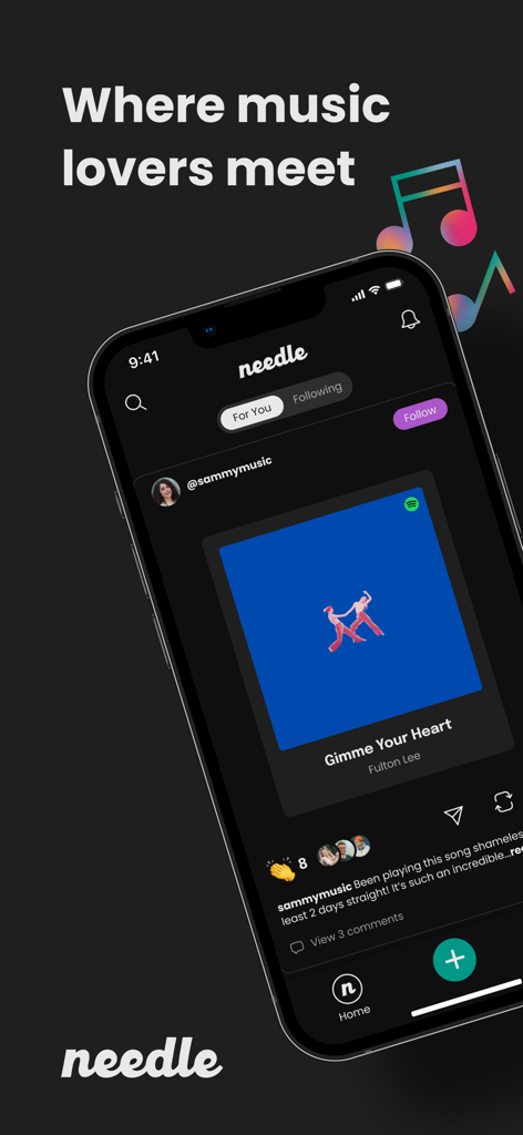 Needle Music app interface showing a social feed for music discovery and community sharing.