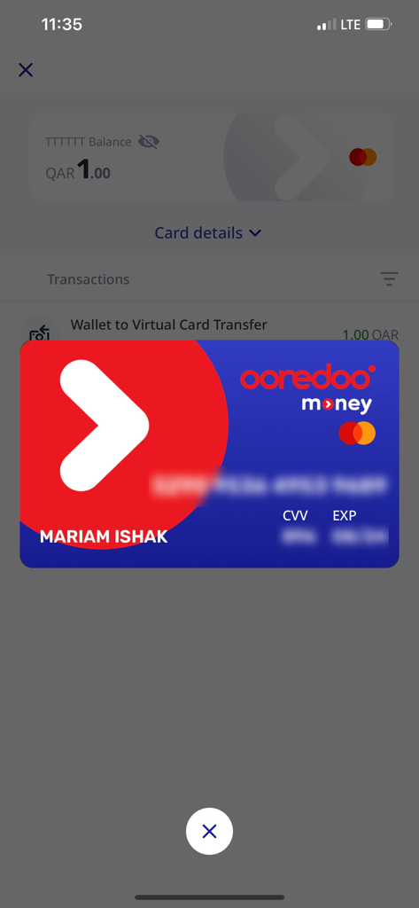 Ooredoo Money - Ooredoo Money app interface showing a virtual Mastercard and account balance