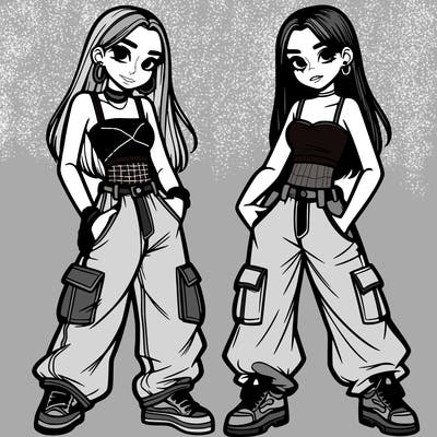 2 teen girls wearing baggy cargo jeans and crop tops