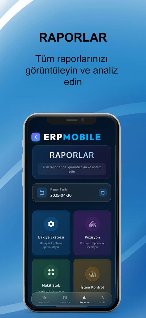 New Erp Mobil - Painel de relatórios financeiros no aplicativo New Erp Mobil mostrando opções para extratos de saldo e estoque de caixa