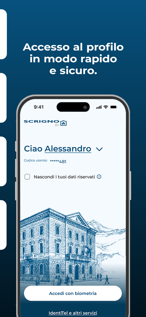 Login screen of the SCRIGNObps mobile banking app showing biometric access button and user welcome message
