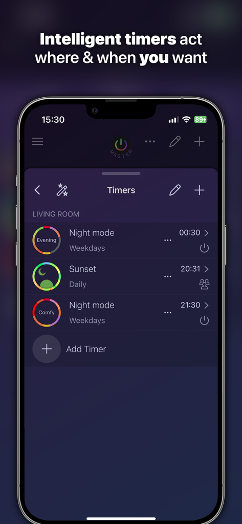 iConnectHue for Philips Hue - iConnectHue app interface showing intelligent timer settings for Philips Hue lights including night mode and sunset automations.