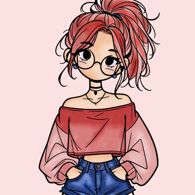 girl with a messy ponytail glasses a baggy crop top and jean shorts