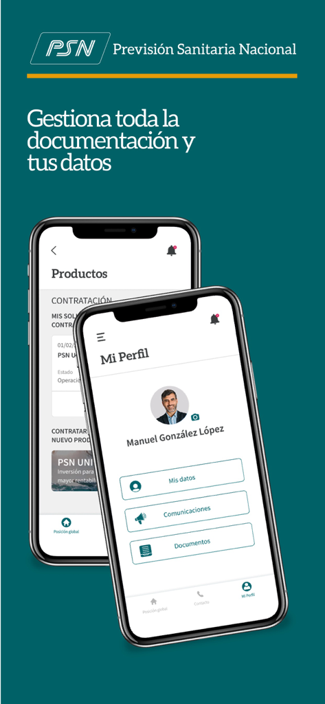 Pantallas móviles de la aplicación Grupo PSN que muestran las secciones de perfil de usuario y gestión de documentos