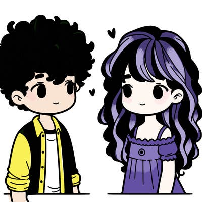 curly haired boy looking at a girl with bangs