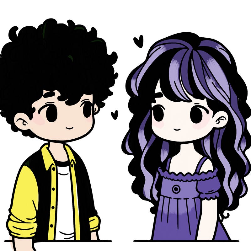 curly haired boy looking at a girl with bangs