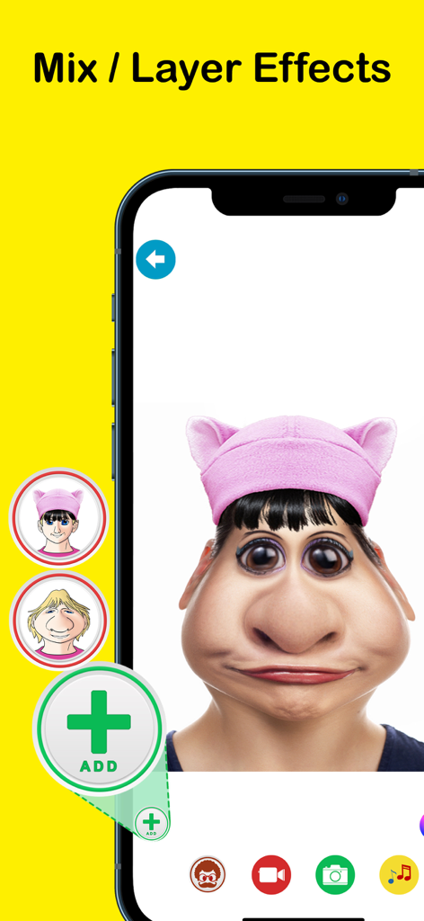 App interface showing a distorted face filter and the option to mix and layer effects