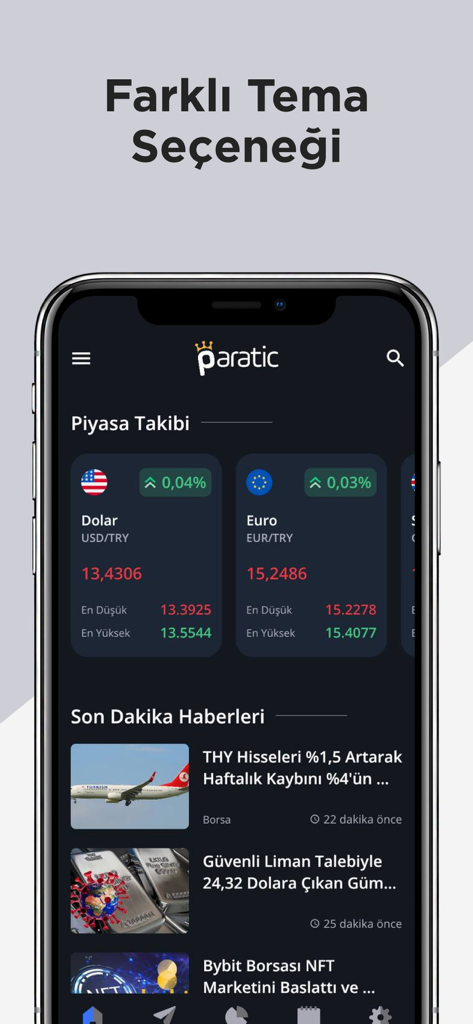 Paratic Haber: Ekonomi, Finans - 通貨レートとトルコニュースが表示されるParatic Haber金融アプリのダークモードインターフェース。