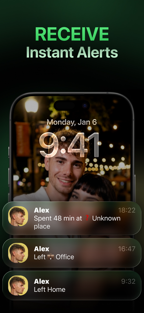 Location Tracker & GPS - Lokka - iPhone lock screen showing Lokka app instant alerts for contact location updates