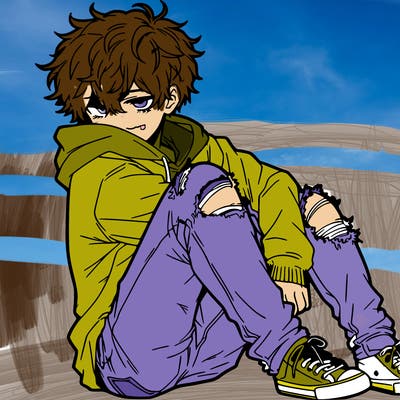 a male hoddie ripped jeans messy hair anime