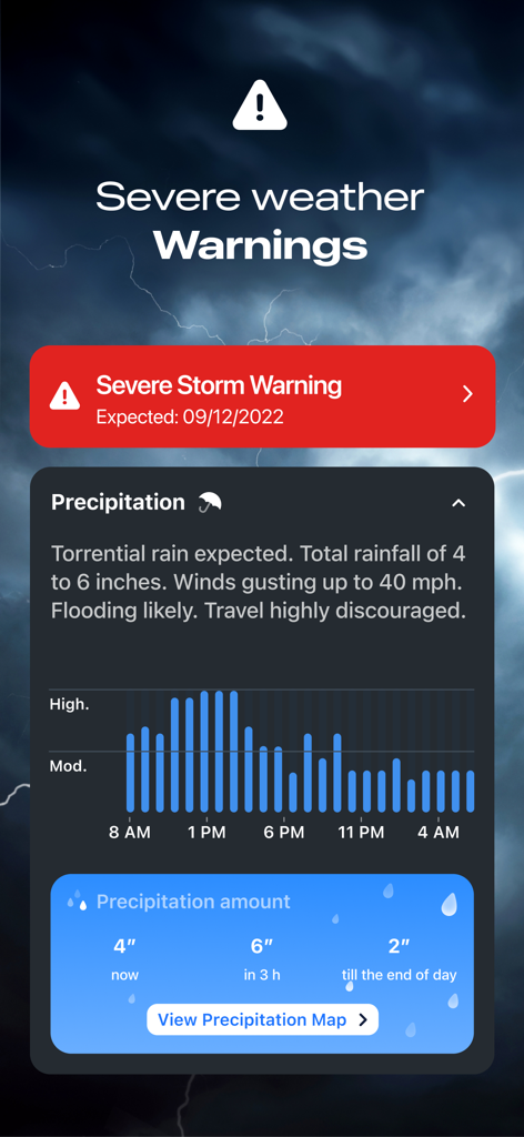 Clime app screen showing severe storm warnings and precipitation charts