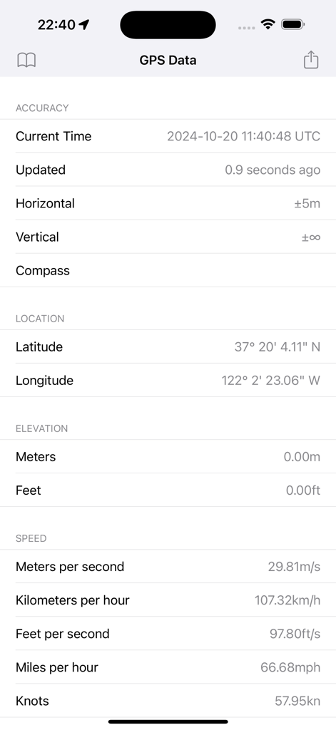 Interfaz de la aplicación Datos GPS que muestra las coordenadas de ubicación, la elevación y las métricas de velocidad